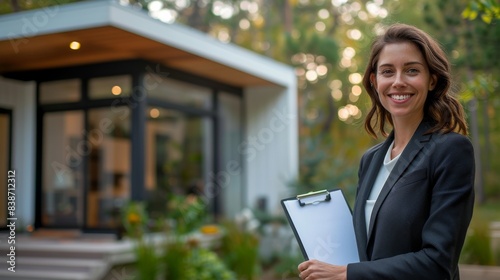 A confident Caucasian woman real estate agent stands proudly outside a modern white home with clean lines and large windows, smiling with a clipboard in hand photo
