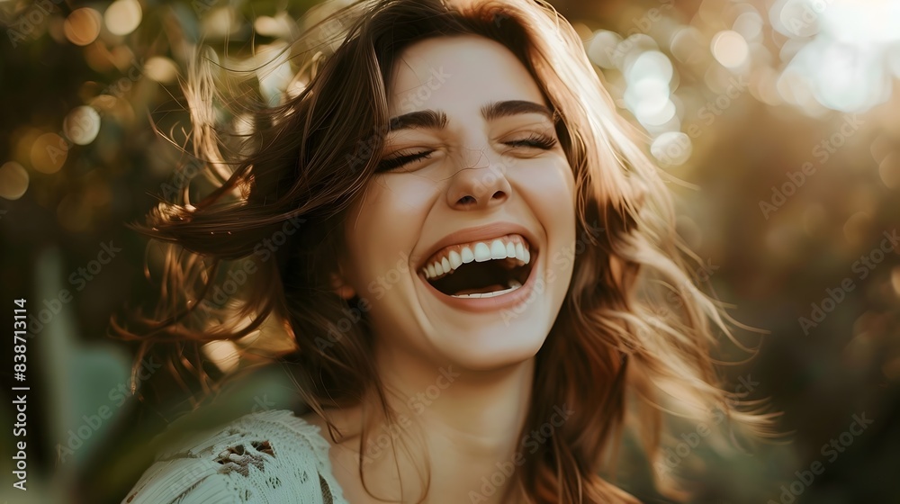 Radiant woman s genuine laughter captures the beauty of pure joy and carefree happiness in nature