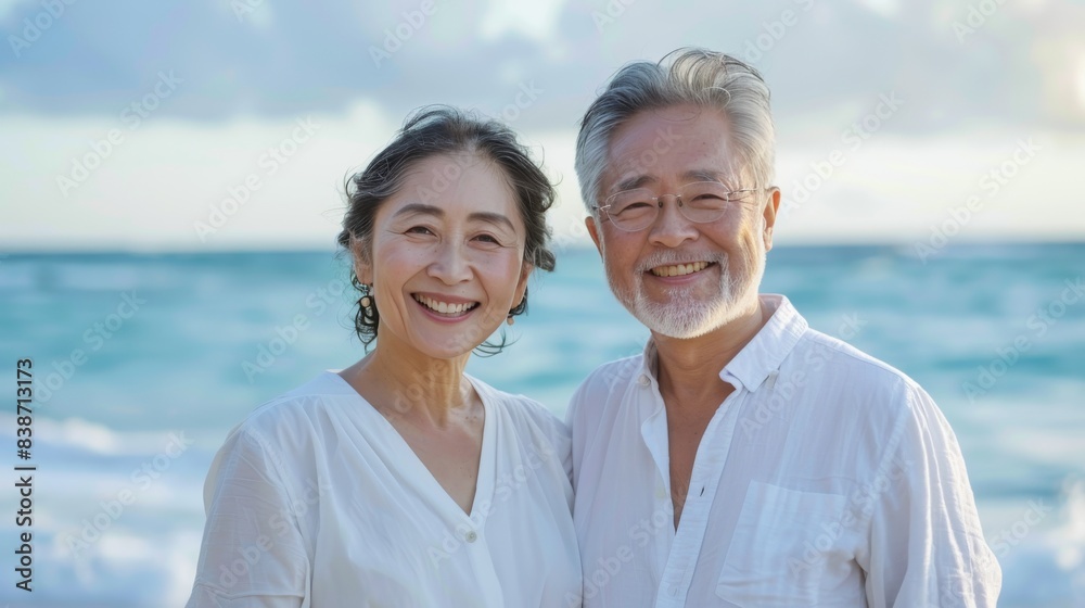 Joyful Golden Years:a happy senior Asian couple, smiling warmly, both showcasing light skin tones and the graceful marks of age. Joyful Golden Years:a happy senior Asian couple, smiling warmly, both showcasing light skin tones and the graceful marks of age.