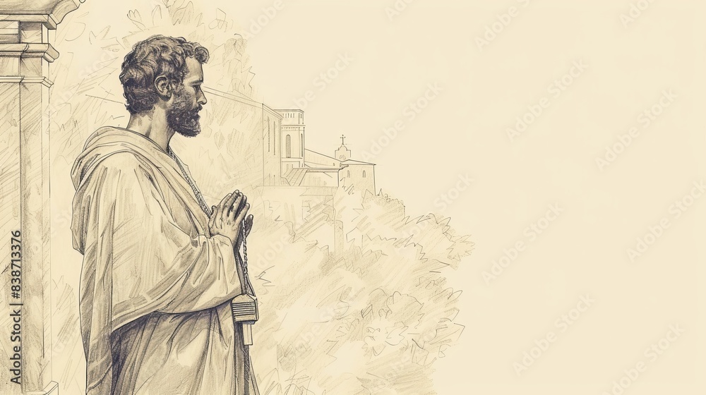 Fototapeta premium Deep prayer of Saint Titus holding a cross, serene church background. Piety and missionary dedication, peaceful and holy atmosphere. Biblical Illustration, Beige Background, copyspace.