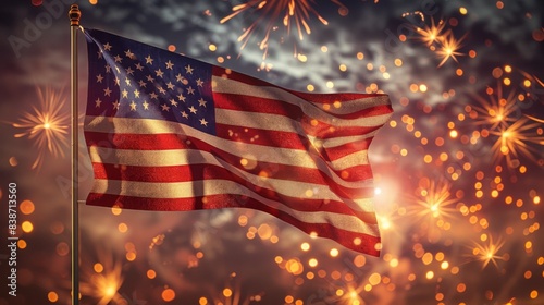 A close-up of an American flag on a flagpole, with fireworks bursting in the background