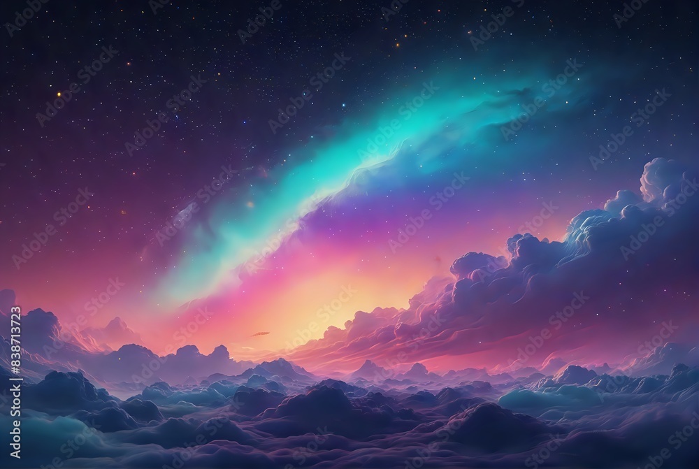 Ethereal Fantasy Landscape with Rainbow Nebula and Pink Clouds