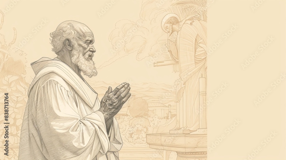 Fototapeta premium Devotion of Saint Agapitus II in deep prayer, holding a cross. Simple attire, serene expression, peaceful church setting. Biblical Illustration, Beige Background, copyspace.