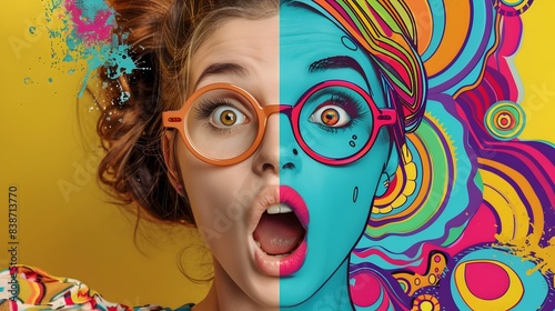 Surprised Girl s Face Split with Vibrant Psychedelic Cartoon Counterpart photo
