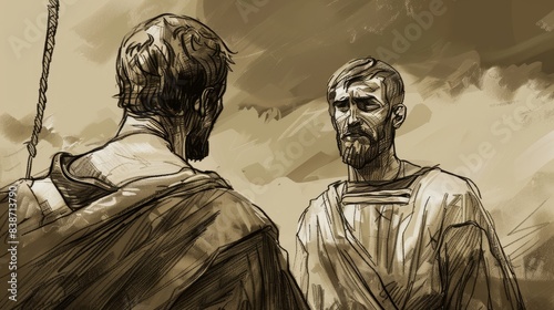 Saint Edmund with Brave Expression, Captured by Vikings, Biblical Illustration, Beige Background, Copyspace