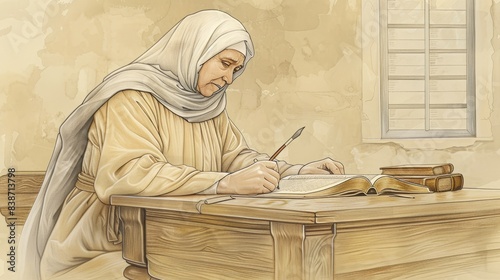 Saint Teresa Benedicta of the Cross's scholarly dedication, writing philosophical works, peaceful study, beige background, Biblical Illustration, copyspace photo