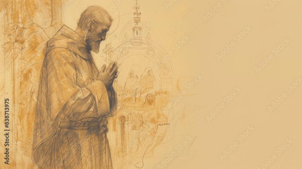 Saint Wilfrid in deep prayer, holding a cross, serene church setting, piety and dedication, beige background, Biblical Illustration, copyspace