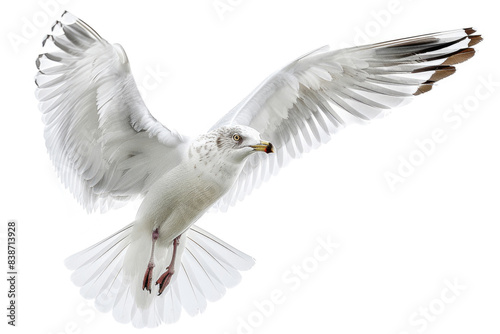 A seagull in mid-flight  wings fully spread  isolated on a white background