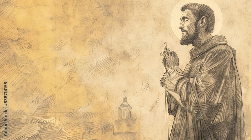 Fototapeta premium Deep prayer of Saint Thomas Becket holding a cross, serene church background. Piety and dedication, peaceful and holy atmosphere. Biblical Illustration, Beige Background, copyspace.