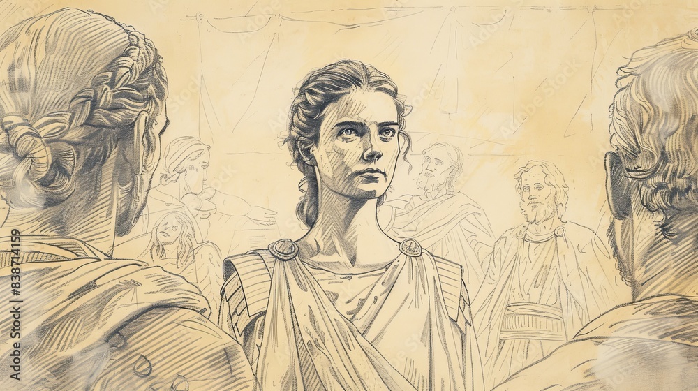 Fototapeta premium Saint Fausta Before Persecutors, Brave and Serene, Martyrdom, Biblical Illustration, Beige Background, Copyspace