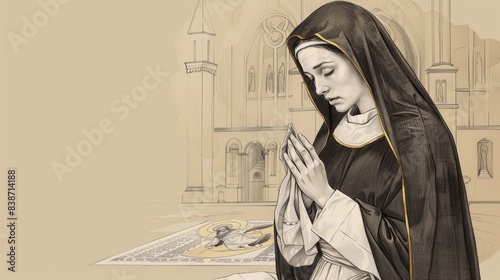 Saint Veronica's deep prayer holding the cloth with Christ's image, serene church, piety and dedication, beige background, Biblical Illustration, copyspace photo