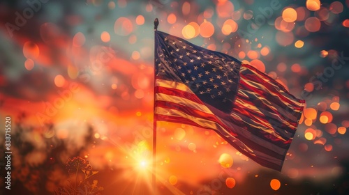 A beautifully lit American flag against a twilight sky, with fireworks in the background