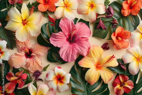 Exotic tropical flowers on a cream background