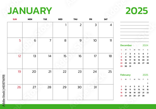 January 2025 Calendar. Week start on Sunday. Desk calendar 2025 design, simple and clean design, Wall calendar for print, digital calendar, Corporate design planner template vector.