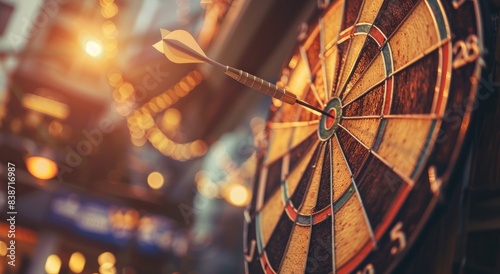 A dart is flying towards the center of an old wooden darts board, symbolizing success and precision in business goal setting. The background features a blurred scene with warm tones to emphasize photo