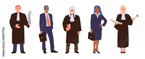 Servants of law, male female judge, lawyer, advocate cartoon characters set isolated on white