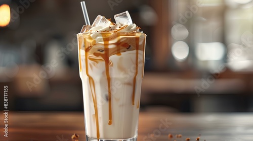 A tall glass of iced caramel latte with a swirl of caramel sauce, ice cubes visible, and a straw, beautifully lit and photographed in HD.
