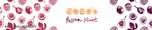 Vector passion fruit background for cosmetic label, fruits puree, juice packaging. Tropical banner template with hand drawn granadilla pattern,  passion fruit seamless pattern. Exotic fruits concept.