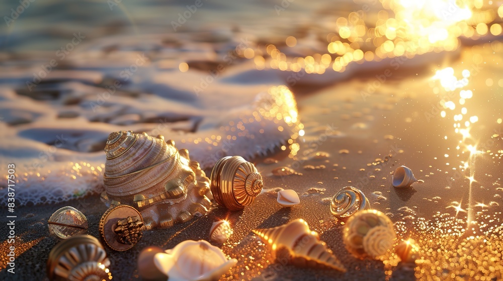 Sunrise Splendor: Photorealistic Capture of Golden Treasure Trinkets Adorning the Beach. Sunrise Splendor: Photorealistic Capture of Golden Treasure Trinkets Adorning the Beach.