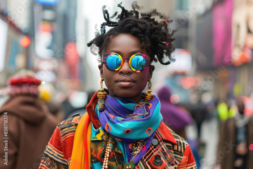 Person in mismatched colors and patterns  creating a vibrant street style look