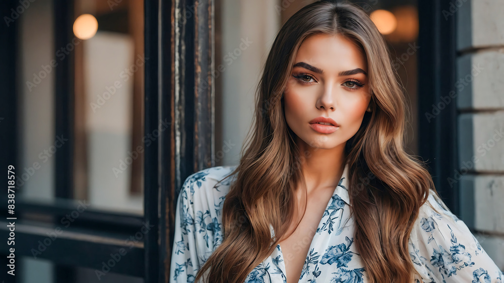 Stunning portrait of a beautiful brunette woman influencer and model with gorgeous brown colored hair
