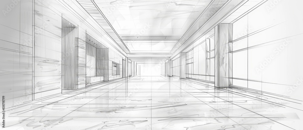 Architectural Sketch of Modern Hallway.