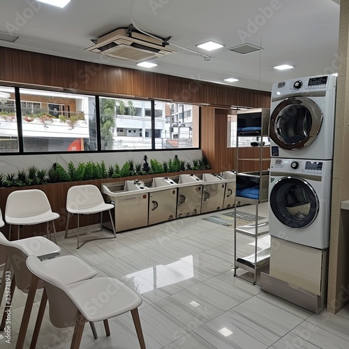 lavanderia comercial, ambiente limpo, 3 maquinas conjugadas lava e seca, dois balcÃµes bracos e quatro cadeiras brancas  photo