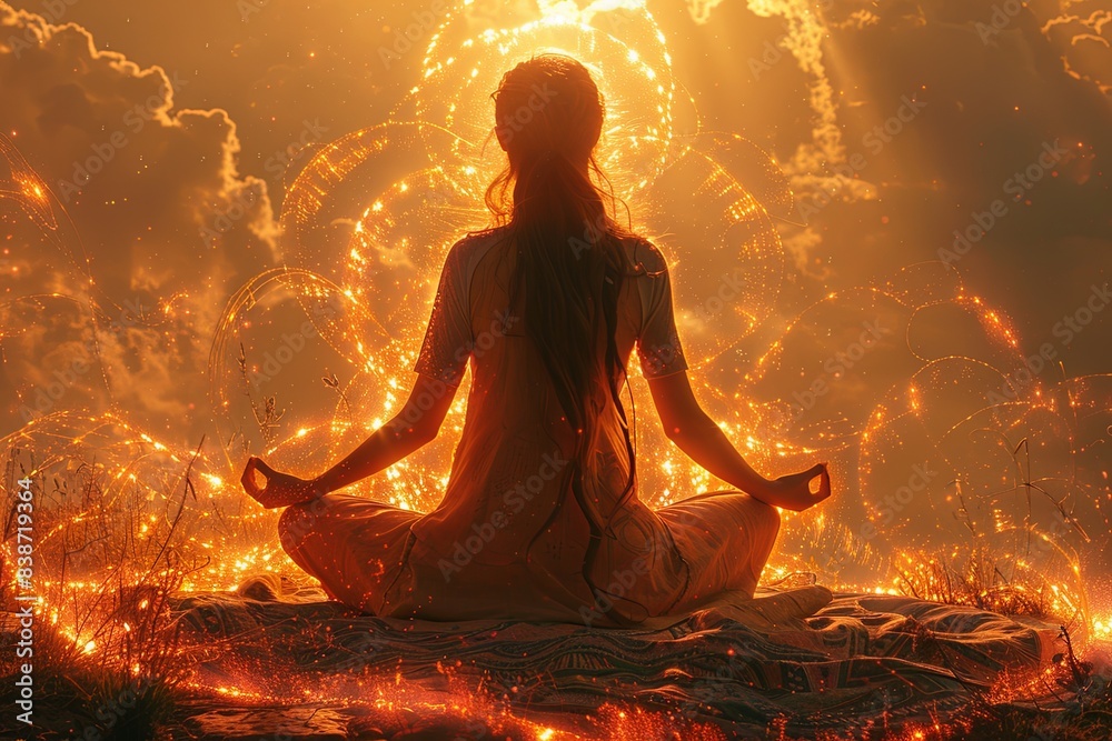 State of mind the meditating woman emanates tranquility, inviting profound spiritual reverence and ritualistic peace. State of mind the meditating woman emanates tranquility, inviting profound spiritual reverence and ritualistic peace.