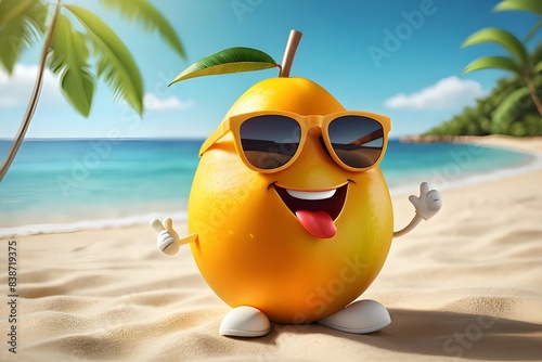 cute 3d cartoon mango wearing sunglasses, enjoying summer fun vacation on a sandy beach with palm trees. generative ai