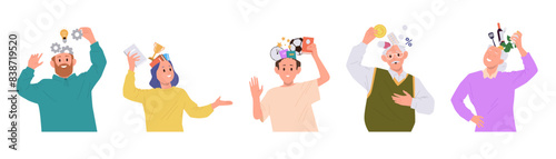 Different people cartoon characters of various age filling head with information vector illustration