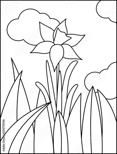 Coloring page. Narcissus in the grass. Black and white flower. Vector