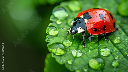 Macro Shot of Ladybug Perched on Dewy Green Leaf in Nature