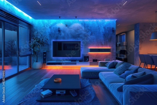 A modern living room with integrated smart home devices © Venka