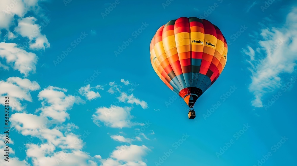 Fototapeta premium Vibrant Hot Air Balloon Floating in Clear Sky with Clouds