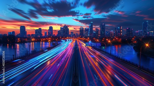 A city skyline is lit up at night with the lights of cars on a highway