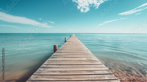 A scenic view of a long boardwalk stretching out into the horizon over calm waters.
