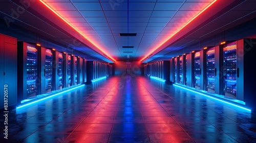 Global communications equipment in a server room, Network infrastructure, Server room with racks and supercomputers, data center.