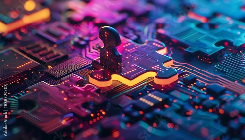High-resolution photo of a glowing puzzle piece fitting perfectly into a complex digital circuit board, symbolizing problem-solving and critical thinking with vibrant, neon colors