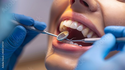 Doctor examining patient's teeth in modern clinic, concept of healthy teeth and medicine.