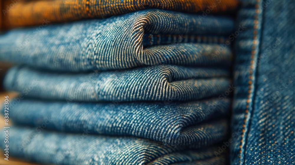Folded jeans on a store shelf. Folded jeans on a store shelf.