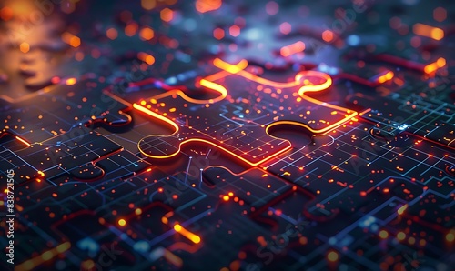 Detailed puzzle piece connecting within a futuristic digital network, showcasing vibrant colors, glowing lines, and nodes, symbolizing advanced technology and problem-solving