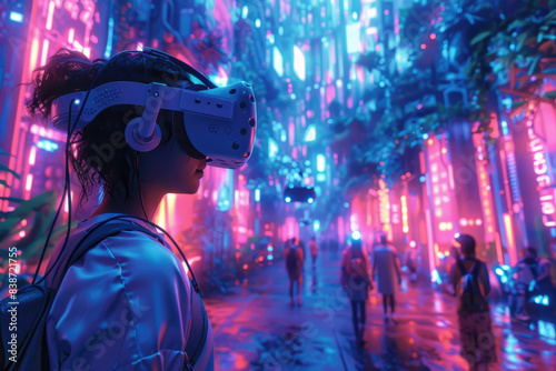 Enthusiasts with VR headsets explore a vibrant digital landscape