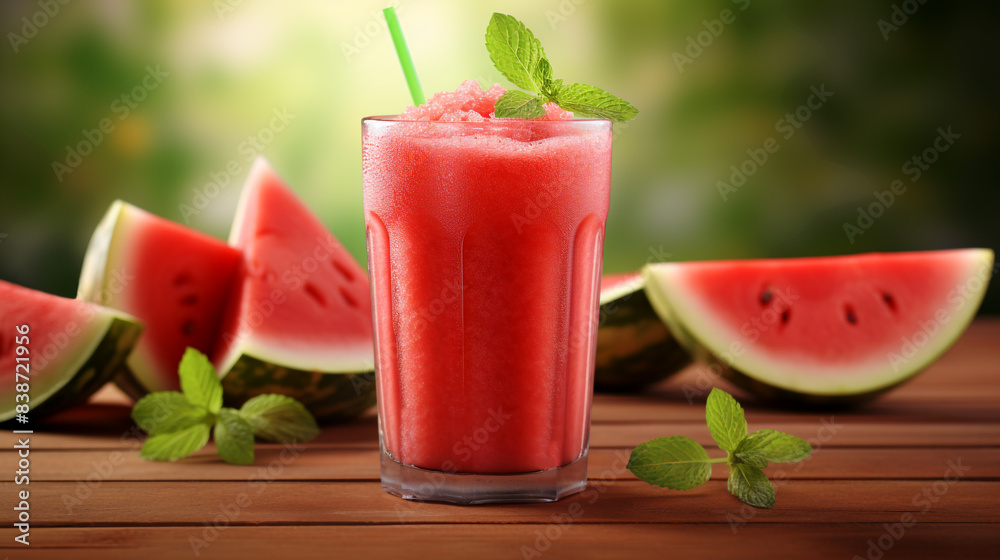 Watermelon juice in a glass with watermelons on a wooden table, closeup. A summer refreshing drink concept. Shallow focus background, copy space for text or logo. Watermelon juice in a glass with watermelons on a wooden table, closeup. A summer refreshing drink concept. Shallow focus background, copy space for text or logo.