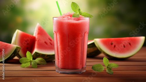 Wallpaper Mural Watermelon juice in a glass with watermelons on a wooden table, closeup. A summer refreshing drink concept. Shallow focus background, copy space for text or logo. Torontodigital.ca
