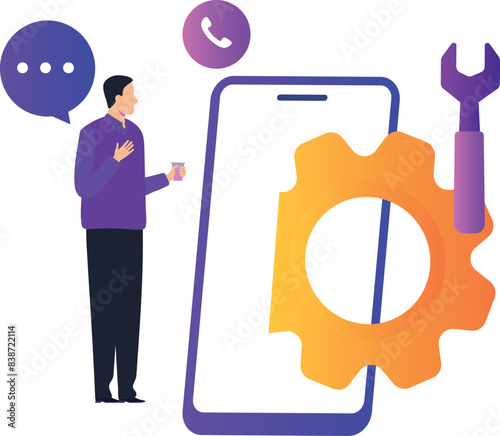 Boy is telling online settings on mobile.