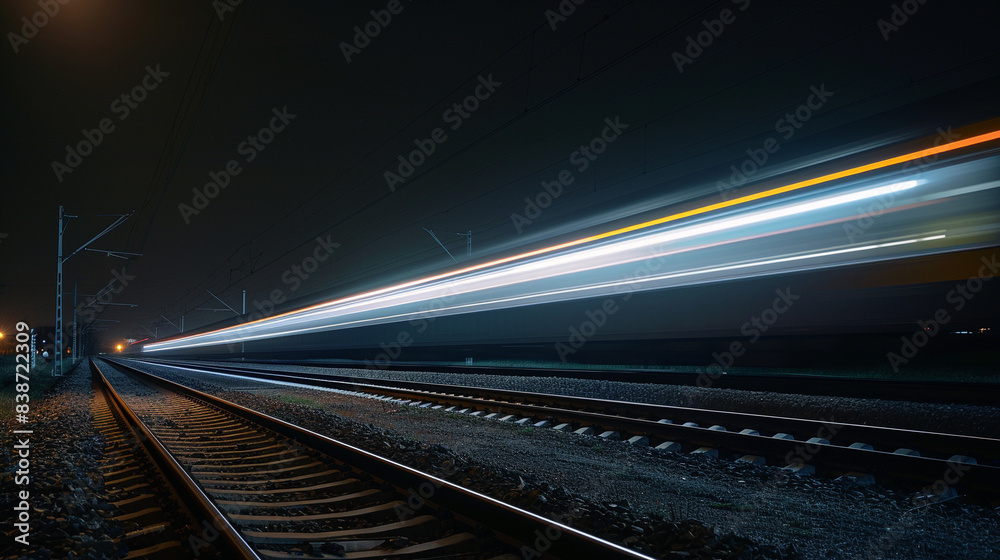 Fototapeta premium A train moving at night, with light trail.