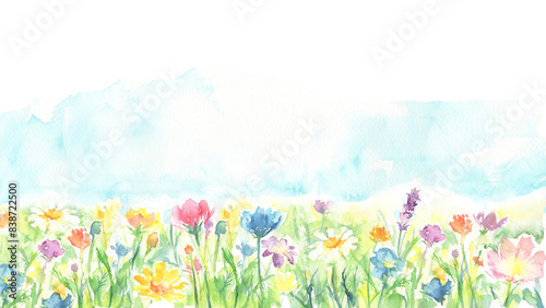 水彩で描いた花畑の背景イラスト