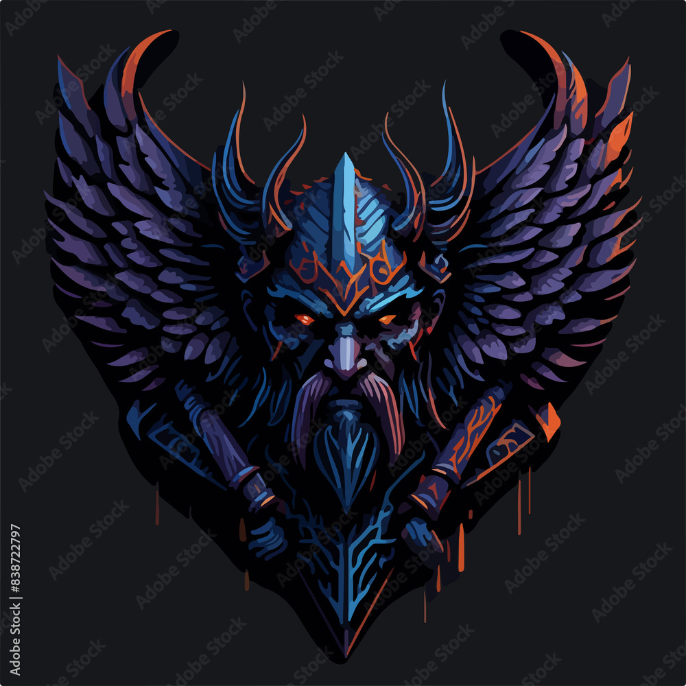 Fototapeta premium Undead ancient winged demon warlord covered with ironclad armor