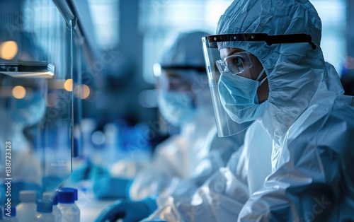 Scientists in full protective gear working in a high-tech laboratory environment focusing on research and development.