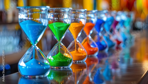 High-resolution photo of multiple hourglasses arranged in a row, each with different colored sand, symbolizing diverse timelines and the passage of time, with a softly blurred background